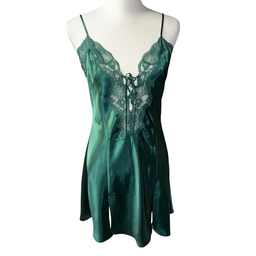 Vintage Fredericks of Hollywood Mini Dress Green Lace Lingerie Slip Medium